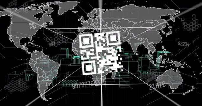 Animation of changing numbers over qr code and world map against spinning 3d city model