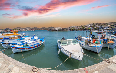 Colorful fishing boats in the harbour Elounda, Crete, Greece