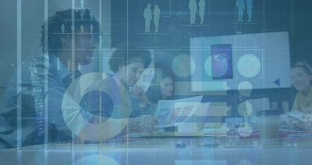 Animation of circles, human representations, abstract background on diverse coworkers sharing ideas - Powered by Adobe