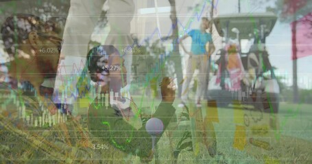 Animation of statistics and data processing over legs of male golf player with golf club and ball - Powered by Adobe