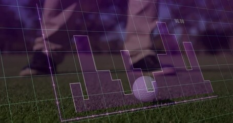 Animation of statistics and data processing over legs of male golf player with golf club and ball - Powered by Adobe