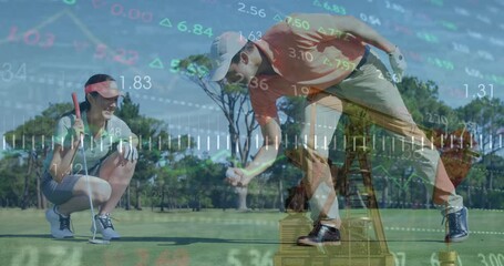 Animation of statistics and data processing over golf players on golf course - Powered by Adobe