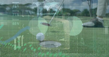 Animation of padlock, statistics and data processing over male golf player with golf club and ball - Powered by Adobe