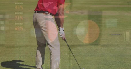 Animation of statistics and data processing over male golf player with golf club - Powered by Adobe