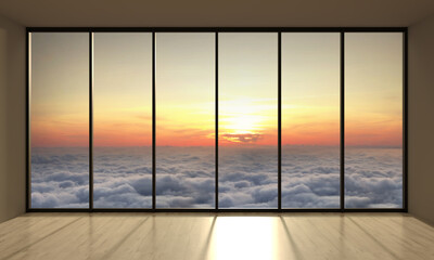 View through panoramic window sunset and clouds