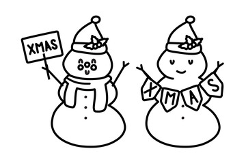 Doodle winter illustration of a snowman with a carrot and a Santa hat. Xmas. Design greeting cards, posters, gift wrapping.