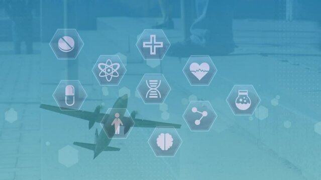 Animation of multiple icons in hexagons, time-lapse of people walking over flying airplane