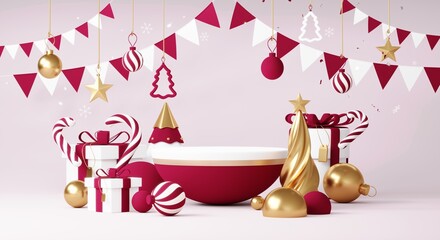 Christmas backgrounds with Viva Magenta Color podium stage platform in minimal New year event and winter theme. Merry Christmas scene for product display mock up banner. Empty pedestal. 3D render.