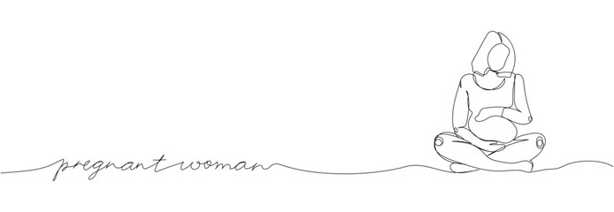 Pregnant woman sitting in lotus position one line art with an inscription. Continuous line drawing of pregnancy, motherhood, fitness, preparation for childbirth, yoga for pregnant women.