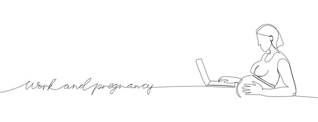Working pregnant one line art with an inscription work and pregnancy. Continuous line drawing of pregnancy, motherhood, preparation for childbirth, work during pregnancy, working woman, maternity.