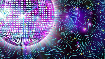 Animation of rotating disco ball and waves on violet background - Powered by Adobe