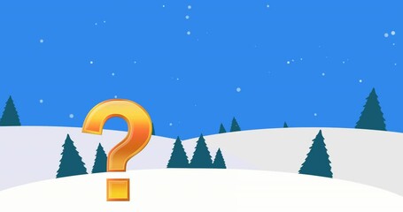 Animation of question mark symbol over snowfall on trees and mountains against clear sky - Powered by Adobe