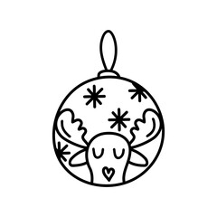Deer Christmas ball on a white background. Doodle illustration.	