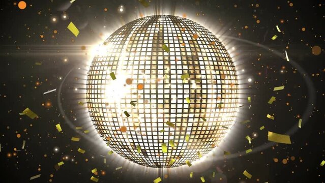 Animation of rotating disco ball and confetti on black background