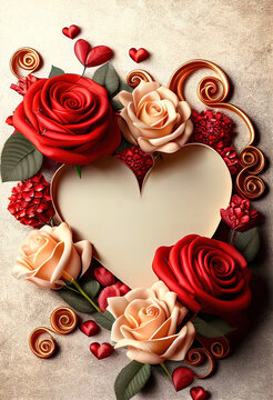 Hintergrund Herz und Rosen Illustration mit Textfreiraum, für Valentinstag, Hochzeiten, Verlobung, Muttertag