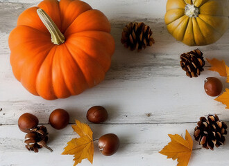 Thanksgiving border made of pumpkins and yellow leaves