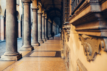 Porticoes with stone columns, central Bologna, Italy - 552421999