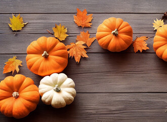 Thanksgiving border made of pumpkins and yellow leaves