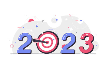 Year 2023 business target, new year resolution or challenge to achieve goal, aim for business success, growth or motivation to succeed concept.