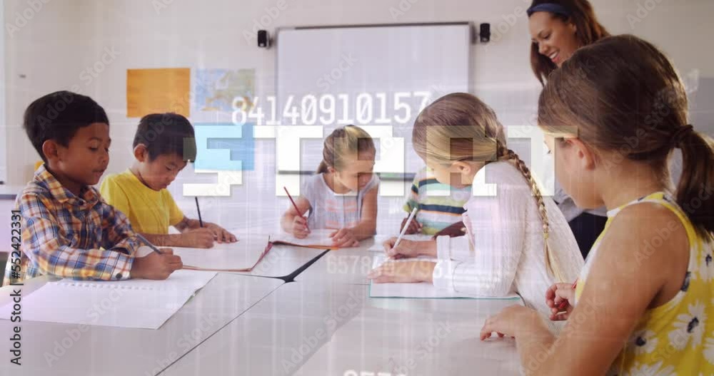 Sticker Animation of numbers and data processing over school children in classroom