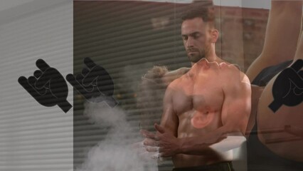 Animation of fist icons over caucasian strongmen at gym - Powered by Adobe