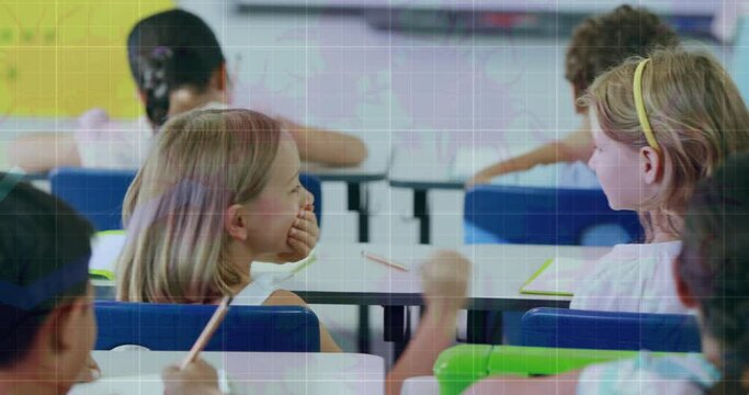 Animation of data processing over school children in classroom