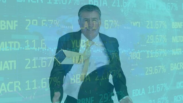 Animation of stock market data processing over caucasian senior businessman running