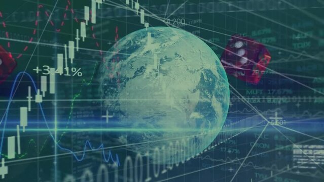 Animation of binary coding, financial data processing over globe and dice - Powered by Adobe