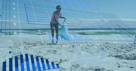Animation of data processing over african american female volunteer cleaning beach