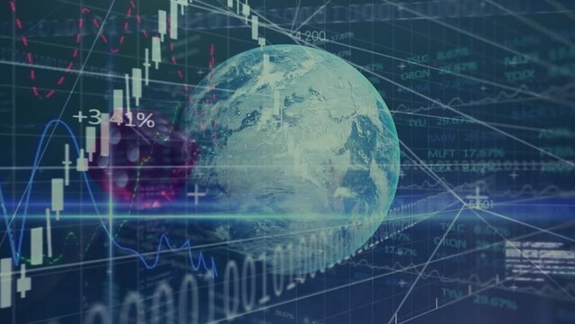 Animation of globe, dice and financial data processing over binary coding