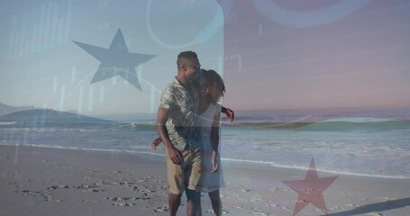 Animation of financial data processing and flag of panama over african american couple at beach - Powered by Adobe
