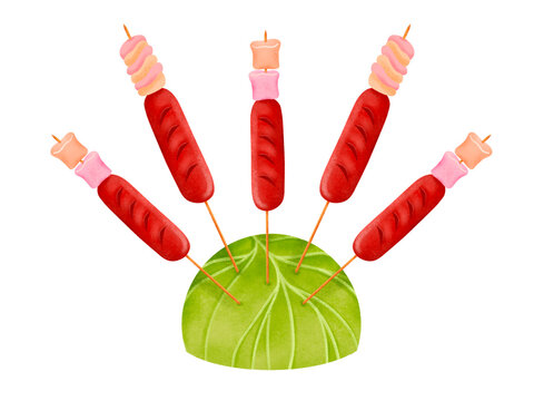 Filipino hotdog marshmallow sticks with warm colors stuck on cabbage