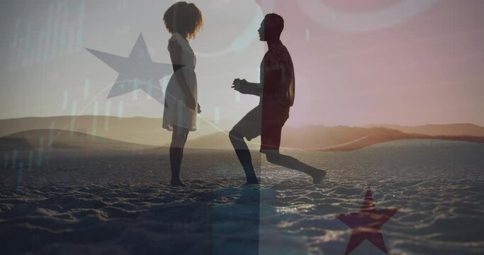 Animation of financial data processing and flag of panama over african american couple at beach