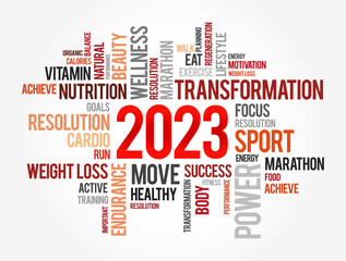 2023 health and sport goals word cloud, motivation concept background