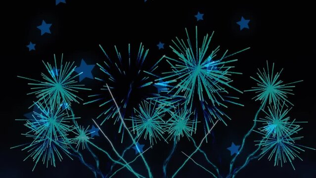 Animation of fireworks and stars on black background