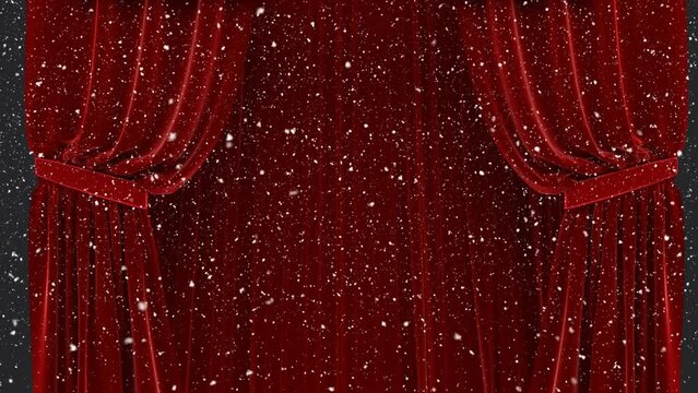 Animation of snow falling over red curtain