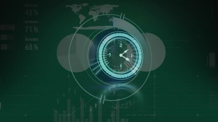 Animation of digital clock in circles over infographic interface moving on green background