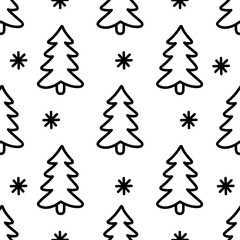Cute winter Christmas tree pattern in doodle. Design for winter decoration interior, print posters, greeting card, business banner, wrapping. 