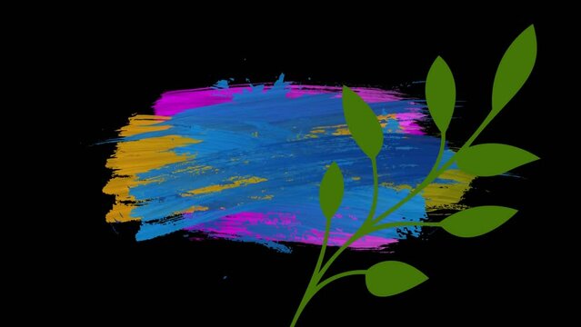 Animation of green leaves and multicolored paint strokes over black background
