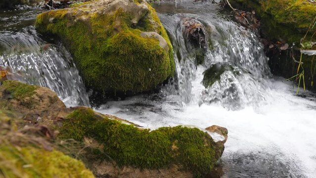 waterfall on the river in the autumn forest with a close-up of a large stone covered with green moss