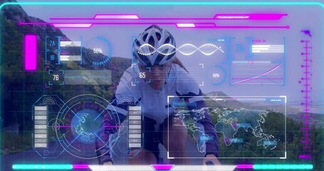 Animation of data processing over caucasian woman cycling - Powered by Adobe