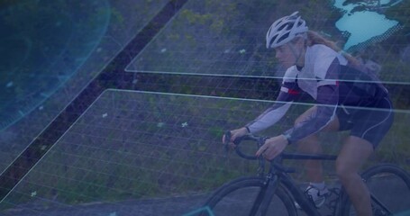 Animation of data processing over caucasian woman cycling - Powered by Adobe
