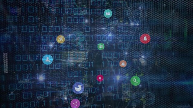 Animation of dots and icons connected by lines, lens flare and binary codes over abstract background