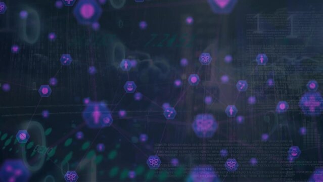Animation of connected icons, graph, binary codes and programming language over dense clouds