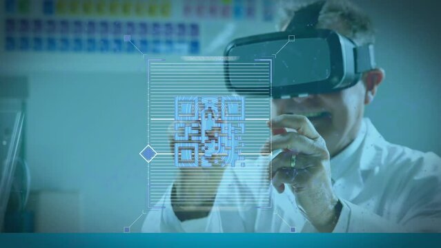 Animation of qr code with data processing over caucasian male scientist using vr headset in lab - Powered by Adobe