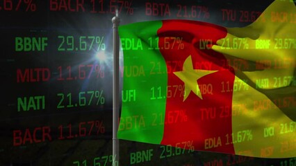 Animation of stock market over flag of cameroon - Powered by Adobe