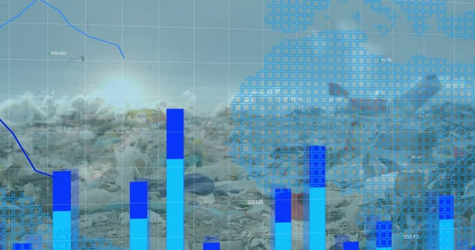 Animation of graphs and map over sun in clouds and low angle view of dumping ground