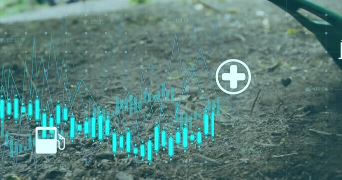 Animation of multiple graphs with icons over close-up of rakes grading soil on land