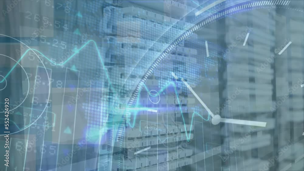 Poster animation of data processing with clock over server room