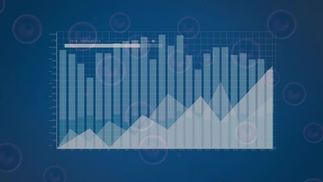 Animation of multiple graphs, loading bar over abstract pattern in circles against blue background